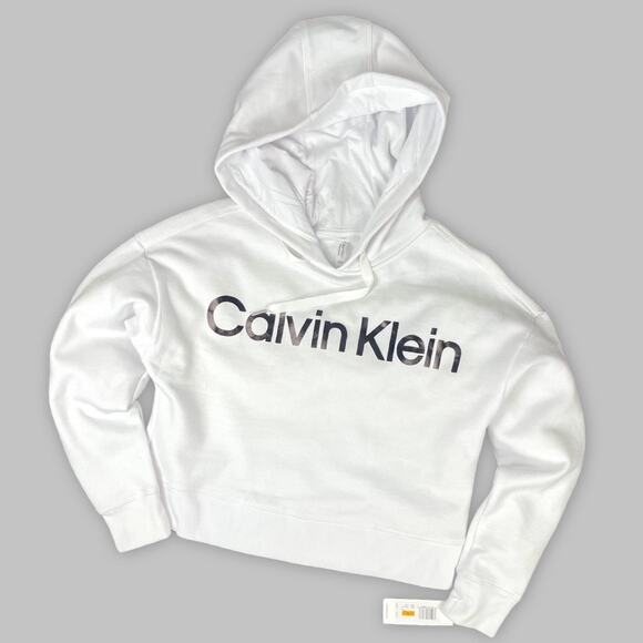 Calvin Klein Cropped Logo Hoodie S White Sweatshirt NWT Athleisure Gift - Picture 1 of 11